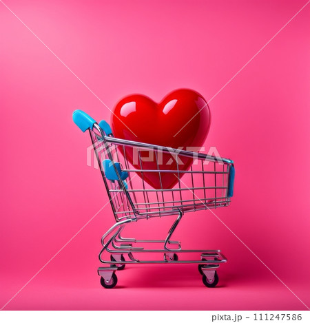 Shopping cart with red heart on pink background Shopping cart with red heart on pink background 111247586