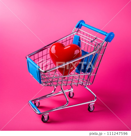 Shopping cart with red heart on pink background Shopping cart with red heart on pink background 111247596