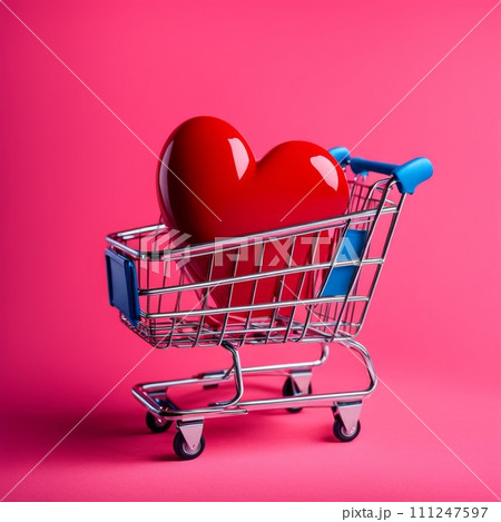 Shopping cart with red heart on pink background Shopping cart with red heart on pink background 111247597