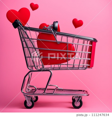 Shopping cart with red heart on pink background Shopping cart with red heart on pink background 111247634