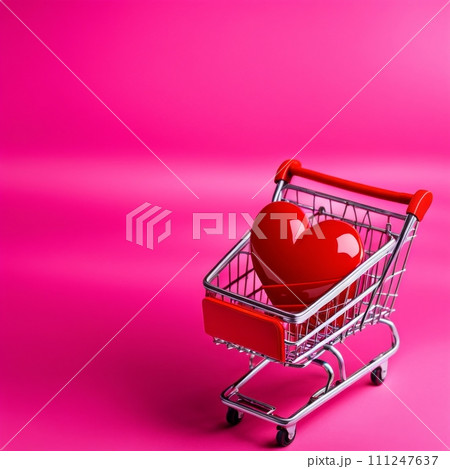 Shopping cart with red heart on pink background 111247637