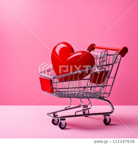 Shopping cart with red heart on pink background Shopping cart with red heart on pink background 111247638