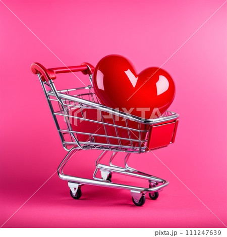 Shopping cart with red heart on pink background Shopping cart with red heart on pink background 111247639