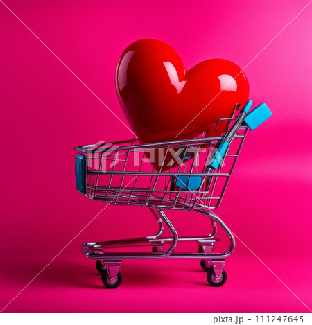 Shopping cart with red heart on pink background 111247645