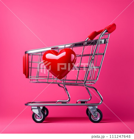 Shopping cart with red heart on pink background 111247648