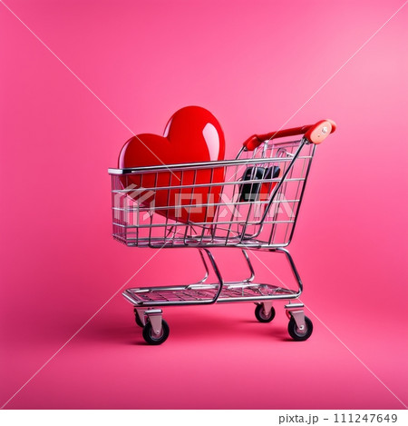 Shopping cart with red heart on pink background 111247649