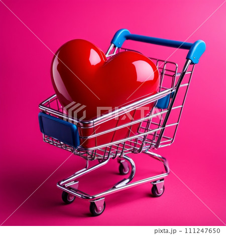 Shopping cart with red heart on pink background 111247650