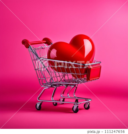 Shopping cart with red heart on pink background 111247656