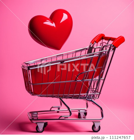 Shopping cart with red heart on pink background Shopping cart with red heart on pink background 111247657