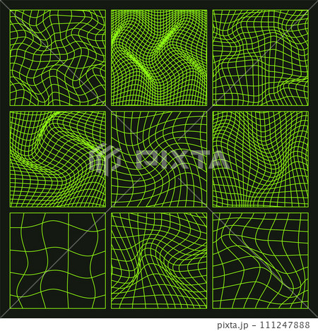 Wireframe shapes, lined perspective mesh, 3d grid. Low poly geometric elements. Retro futuristic design elements, y2k, vaporwave and synthwave style. Vector illustration 111247888