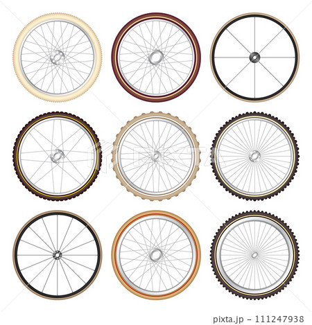 Realistic 3d retro bicycle wheels. Vintage bike rubber tyres, shiny metal spokes and rims. Fitness cycle, touring, sport, road and mountain bike. Vector illustration 111247938