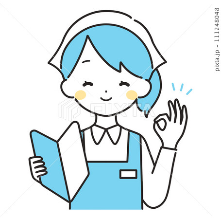 水色｜初心者マークを持つ三角巾の女性店員｜エプロン	 111248048