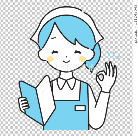 水色｜初心者マークを持つ三角巾の女性店員｜エプロン	 111248048
