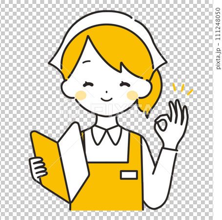 オレンジ色｜初心者マークを持つ三角巾の女性店員｜エプロン	 111248050