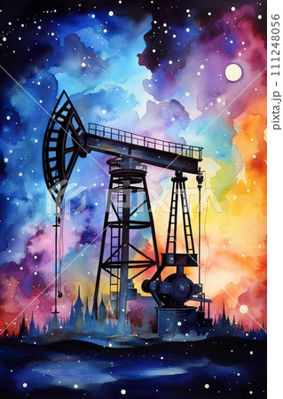 AI-generated content. silhouette of industrial oil pump at sunset, fuel rig derrick, energy and power supply concept 111248056