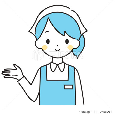 水色｜右手に案内する三角巾の女性店員｜エプロン	 111248391