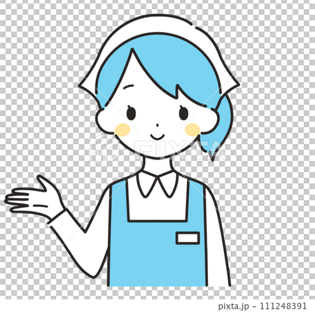水色｜右手に案内する三角巾の女性店員｜エプロン	 111248391