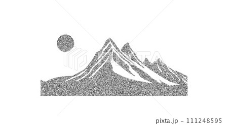 Grain stippled mountain range. Dotted landscape terrain silhouette. Black white grainy hill chain. Grunge scenery background. Textured mount view wallpaper. Vector noise dot work style illustration Grain stippled mountain range. Dotted landscape terrain silhouette. Black white grainy hill chain. Grunge scenery background. Textured mount view wallpaper. Vector noise dot work style illustration 111248595