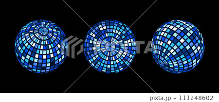 Blue green disco ball set. Collection of wireframe spheres in different angles. Grid globe or checkered ball bundle. Glowing mirrorball element pack for poster, banner, music cover, party. Vector 111248602