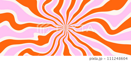 Trippy burst lines background. Psychedelic wavy stripes wallpaper. Groovy twisted sunburst swirl. Distorted curly wave texture design for poster, banner, flyer, cover. Vector pink orange backdrop 111248604