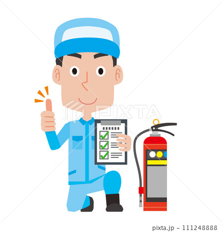 消火器の点検をする男性 111248888