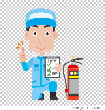 消火器の点検をする男性 111248888