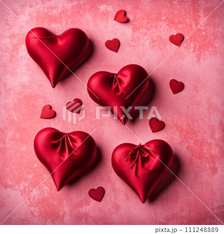 Red silk hearts on a pink concrete background Red silk hearts on a pink concrete background 111248889