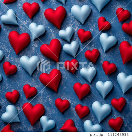 Blue and Red silk hearts on a Blue color background Blue and Red silk hearts on a Blue color background 111248958
