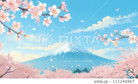 桜が舞う青空と富士山の背景フレームイラストのイラスト素材 桜が舞う青空と富士山の背景フレームイラストのイラスト素材