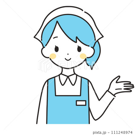 水色｜左手に案内する三角巾の女性店員｜エプロン	 111248974