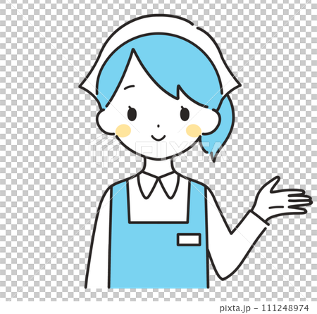 水色｜左手に案内する三角巾の女性店員｜エプロン	 111248974