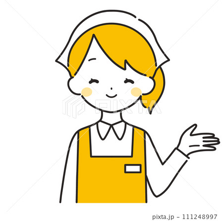 オレンジ色｜左手に案内する三角巾の女性店員｜エプロン	 111248997