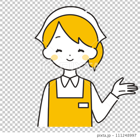 オレンジ色｜左手に案内する三角巾の女性店員｜エプロン	 111248997