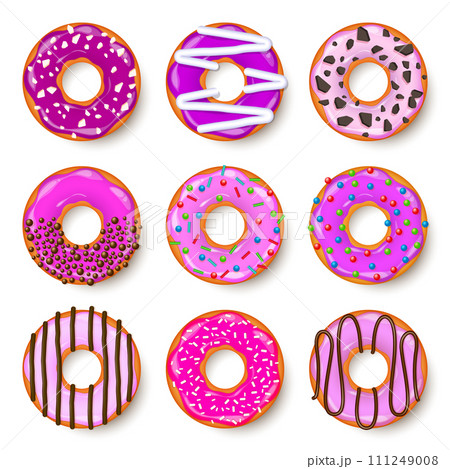 Donut, begel with cream. Cookies,cookie cake set. Sweet dessert with sugar and caramel. Tasty breakfast cooking. Cafateria food, snack. Coffee shop.Vector illustration. 111249008