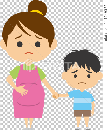 困り顔をしている妊婦さんと息子のイメージイラスト 111249375