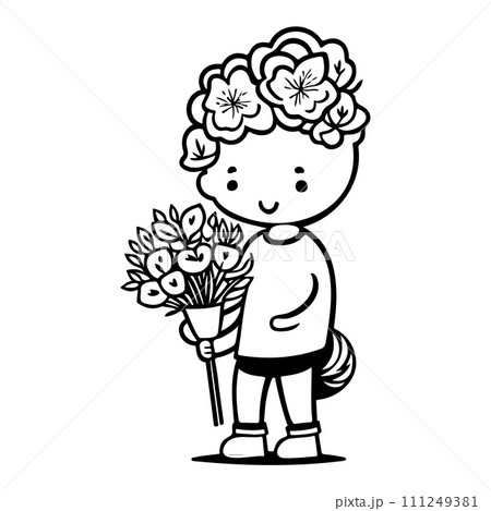 boy holding a bouquet of flowers valentine illustration sketch hand draw  111249381