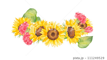 水彩で描いたひまわりと赤いカーネーションのフレーム 111249529