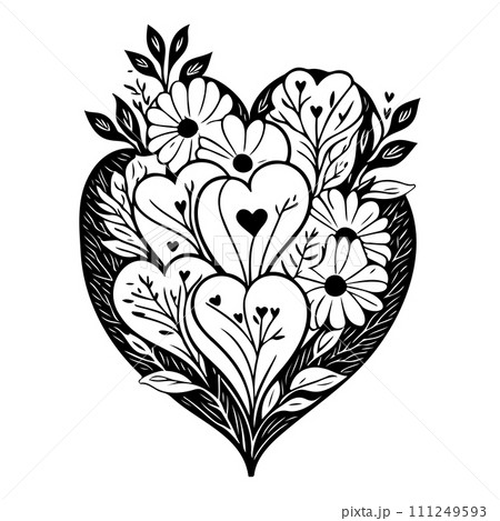 valentine bouquet flower leaves floral illustration sketch hand draw black 111249593