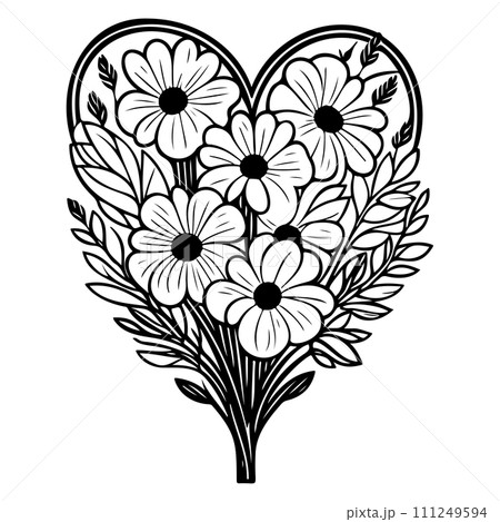 valentine bouquet flower leaves floral illustration sketch hand draw black 111249594