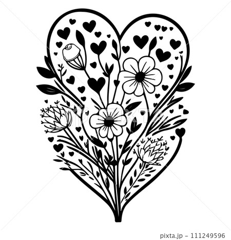 valentine bouquet flower leaves floral illustration sketch hand draw black 111249596