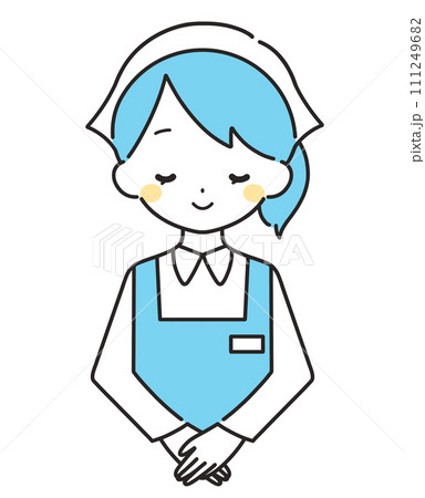 水色｜お辞儀をする三角巾の女性店員｜エプロン	 111249682