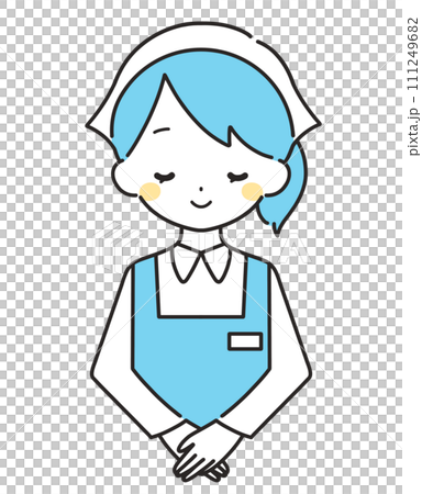 水色｜お辞儀をする三角巾の女性店員｜エプロン	 111249682