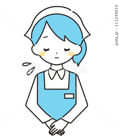 水色|お辞儀をして謝罪する女性店員|エプロン 水色|お辞儀をして謝罪する女性店員|エプロン 111249810