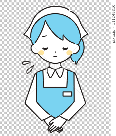 水色|お辞儀をして謝罪する女性店員|エプロン 水色|お辞儀をして謝罪する女性店員|エプロン 111249810