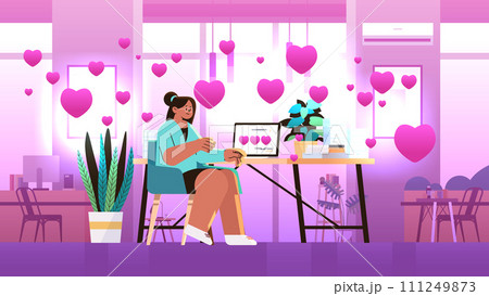 businesswoman in love using tablet pc with hearts on screen social media communication happy valentines day celebration concept 111249873