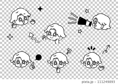 Face and hands pose expression set black and white Face and hands pose expression set black and white 111249893