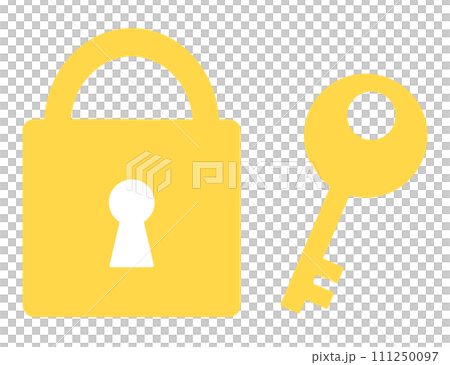 シンプルな黄色の南京錠と鍵マーク シンプルな黄色の南京錠と鍵マーク 111250097