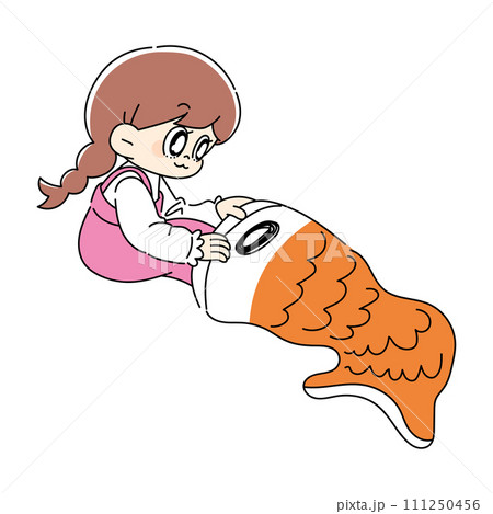 こいのぼりに足を入れて遊ぶ女の子 111250456