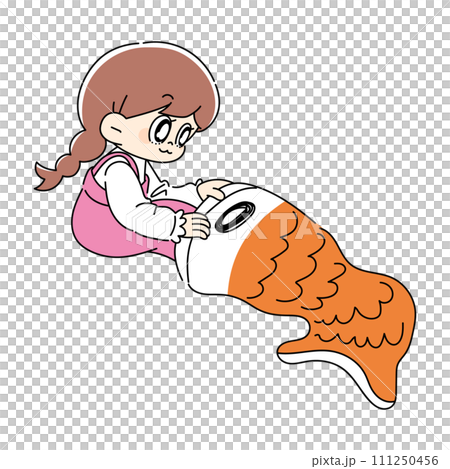 こいのぼりに足を入れて遊ぶ女の子 111250456