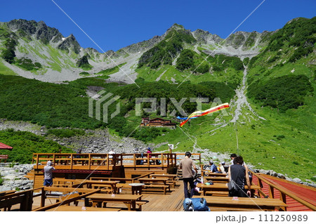 涸沢ヒュッテのテラスと穂高連峰の山並み 涸沢ヒュッテのテラスと穂高連峰の山並み 111250989